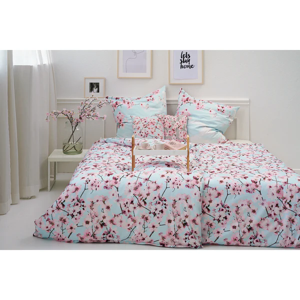 Bettwäsche Blossom - Glanz-Satin - Hellblau - 155 x 220 cm + Kissen 80 x 80 cm - Image 2