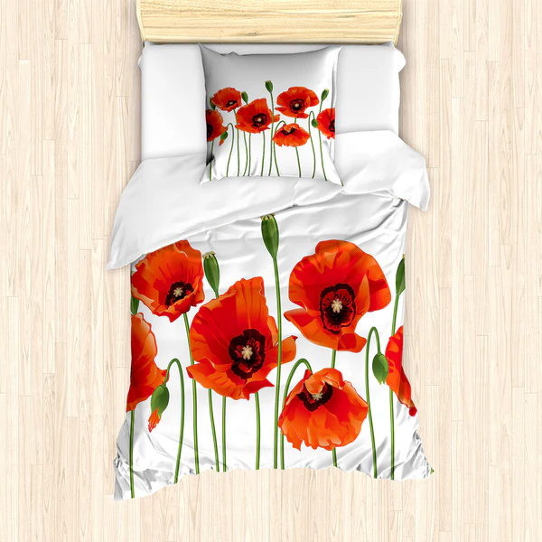 Bettwäsche Blumen - Microfaser Polyester - Rot / Grün - 135 x 200 cm + Kissen 80 x 80 cm - Image 2