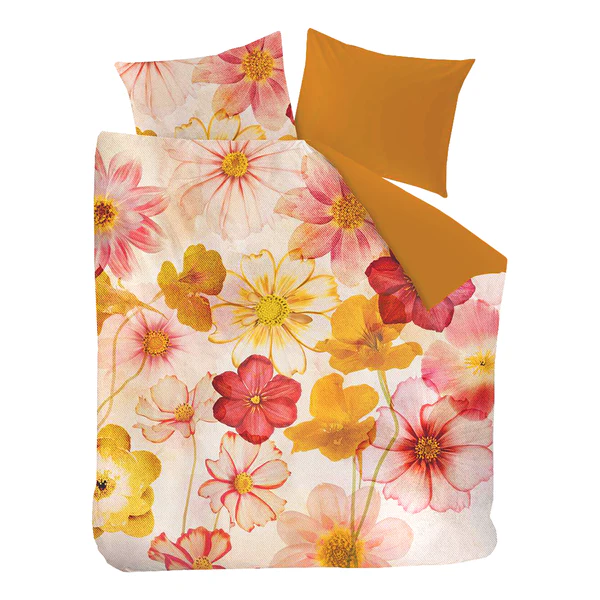 Bettwäsche Cosmea - Flanell - Gelb / Rot / Creme - 260 x 200/220 cm + 2 Kissen 70 x 60 cm