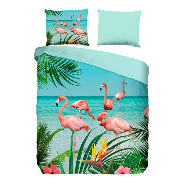 Bettwäsche Flamingo II - Baumwolle - Aqua - 200 x 200/220 cm + 2 Kissen 70 x 60 cm