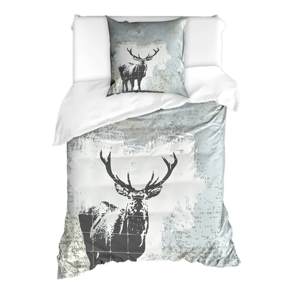Bettwäsche Geweih - Microfaser Polyester - Grau / Schwarz - 135 x 200 cm + Kissen 80 x 80 cm