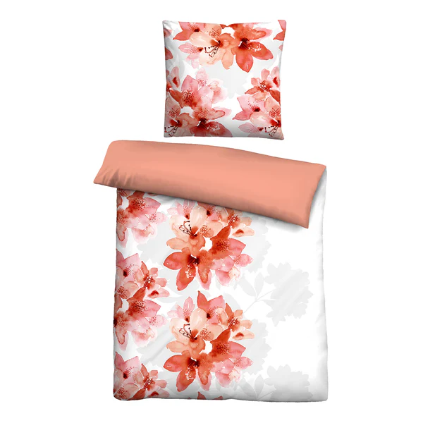 Biber-Bettwäsche Blumen - Baumwolle / Polyester - Apricot - 155 x 220 cm + Kissen 80 x 80 cm