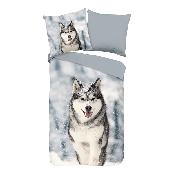 Biber-Bettwäsche Husky - Baumwolle - Grau - 155 x 200 cm + Kissen 80 x 80 cm