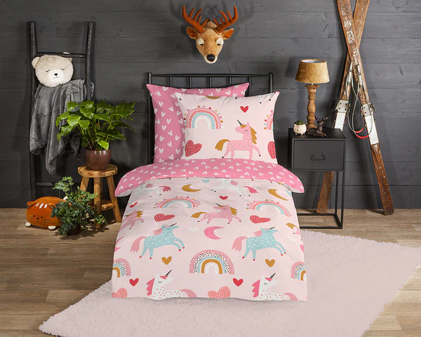 Biber-Bettwäsche Unicorn - Baumwolle - Pink - 135 x 200 cm + Kissen 80 x 80 cm - Image 2