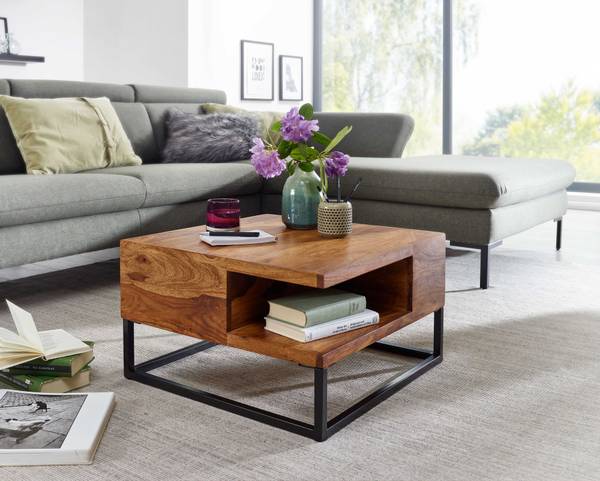 Couchtisch Klenz - Sheesham Massiv / Edelstahl - Dunkelbraun / Schwarz - Image 3