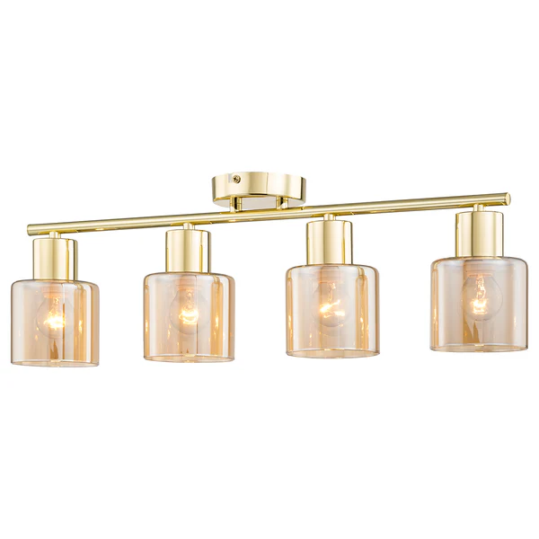 Deckenleuchte KOLIND 4-flammig - Metall Gold glänzend / Glas Bernsteinfarben