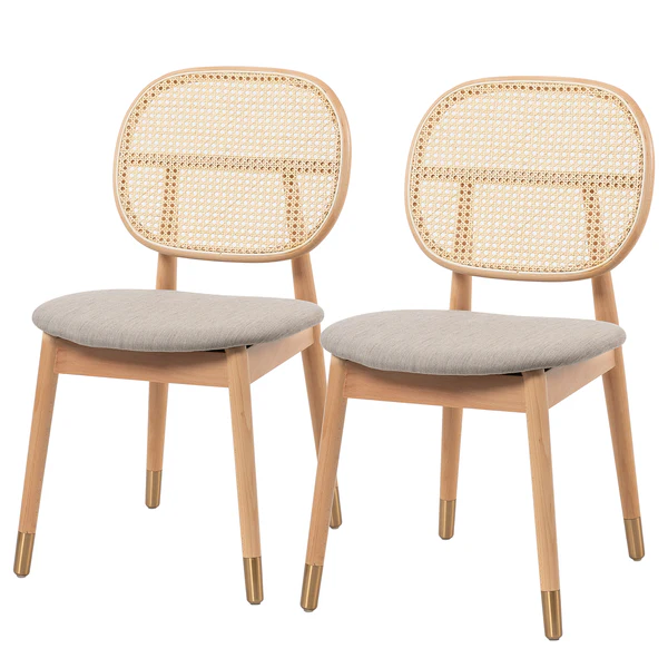 Esszimmerstuhl Coy (2er-Set) - Rattan & Webstoff / Buche massiv - Cappuccino