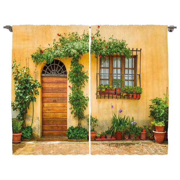Fertiggardine Italien I (2er-Set) - Polyester - Aprikose / Grün - 140 x 175 cm