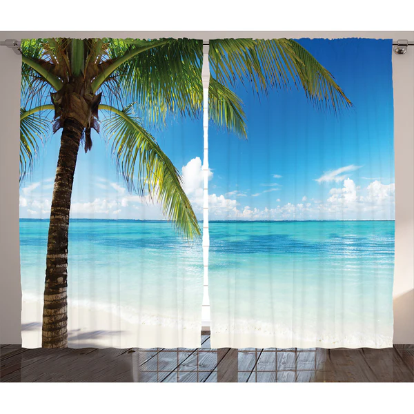 Fertiggardine Ozean III (2er-Set) - Polyester - Blau / Weiß - 140 x 260 cm - Image 2