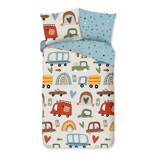 Kinderbettwäsche Autos - Baumwolle - Blau - 140 x 200/220 cm + Kissen 70 x 60 cm
