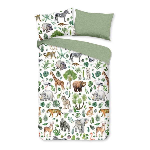 Kinderbettwäsche Dschungel - Baumwolle - Grün - 100 x 135 cm + Kissen 40 x 60 cm