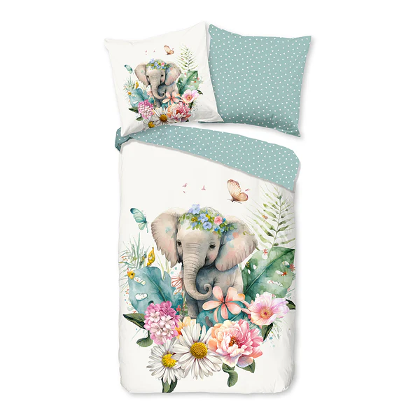 Kinderbettwäsche Elefant - Baumwolle - Grün - 135 x 200 cm + Kissen 80 x 80 cm