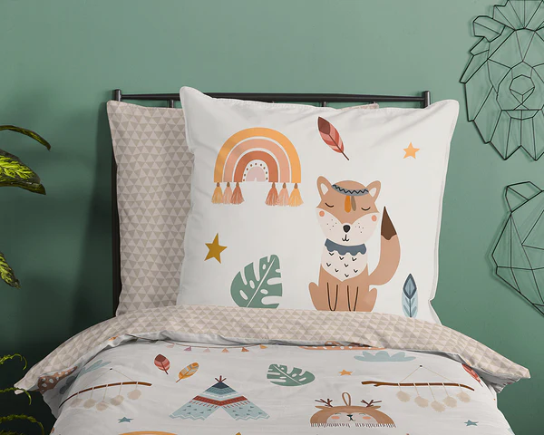 Kinderbettwäsche Eule und Fuchs - Baumwolle - Sand - 135 x 200 cm + Kissen 80 x 80 cm - Image 3