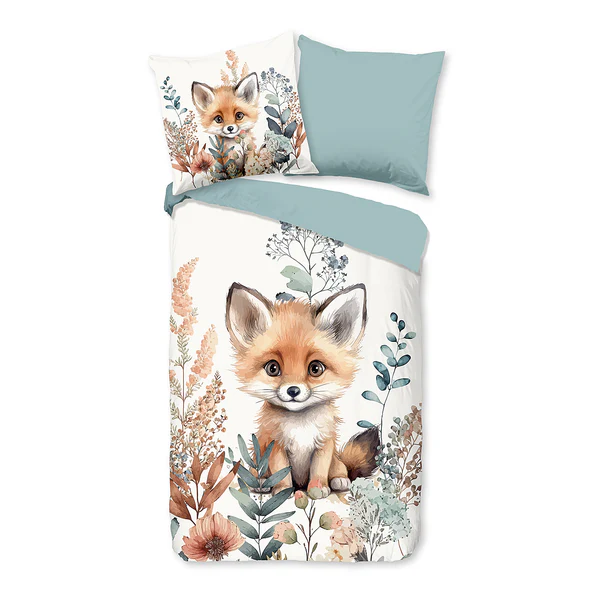 Kinderbettwäsche Fuchs - Baumwolle - Grün - 135 x 200 cm + Kissen 80 x 80 cm