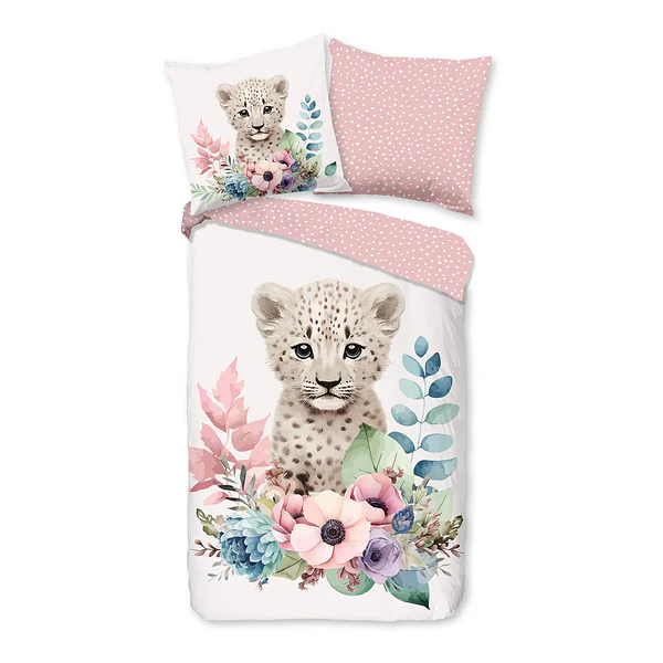 Kinderbettwäsche Leopard - Baumwolle - Pink - 135 x 200 cm + Kissen 80 x 80 cm