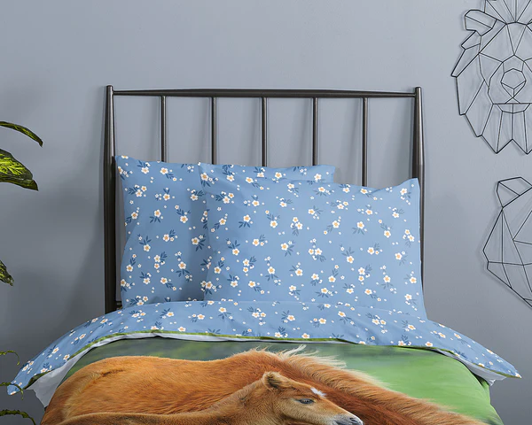 Kinderbettwäsche Pferde - Baumwolle - Blau - 140 x 200 cm + Kissen 90 x 70 cm - Image 3