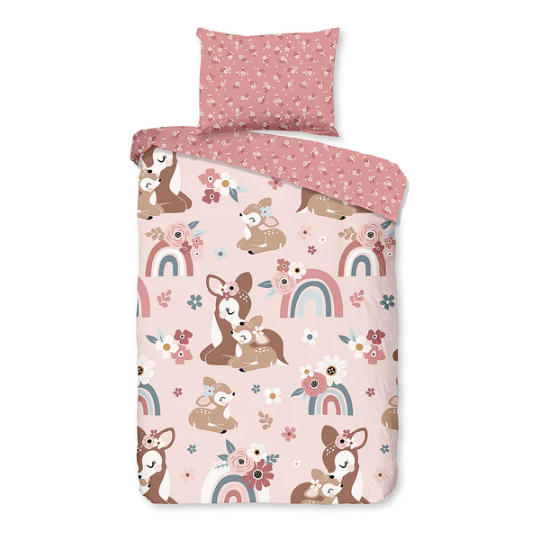 Kinderbettwäsche Rehkitz - Baumwolle - Pink - 100 x 135 cm + Kissen 40 x 60 cm
