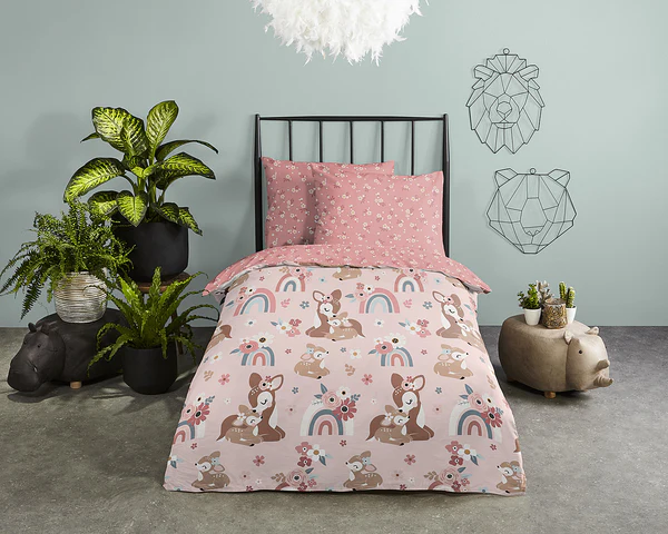 Kinderbettwäsche Rehkitz - Baumwolle - Pink - 100 x 135 cm + Kissen 40 x 60 cm - Image 2