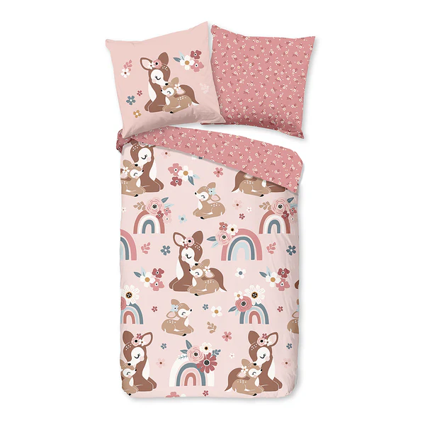 Kinderbettwäsche Rehkitz - Baumwolle - Pink - 135 x 200 cm + Kissen 80 x 80 cm