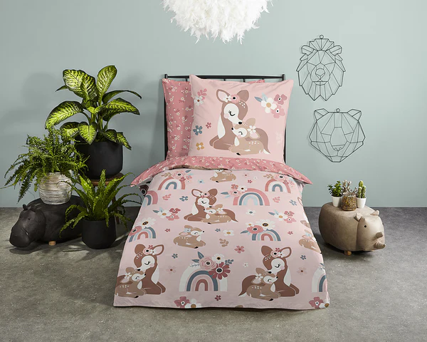 Kinderbettwäsche Rehkitz - Baumwolle - Pink - 135 x 200 cm + Kissen 80 x 80 cm - Image 2