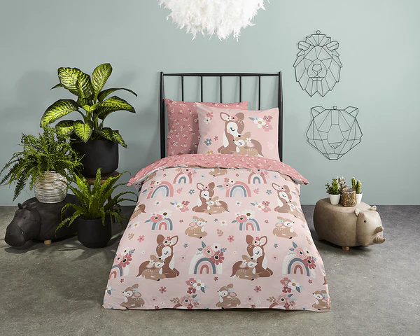 Kinderbettwäsche Rehkitz - Baumwolle - Pink - 140 x 200/220 cm + Kissen 70 x 60 cm - Image 2