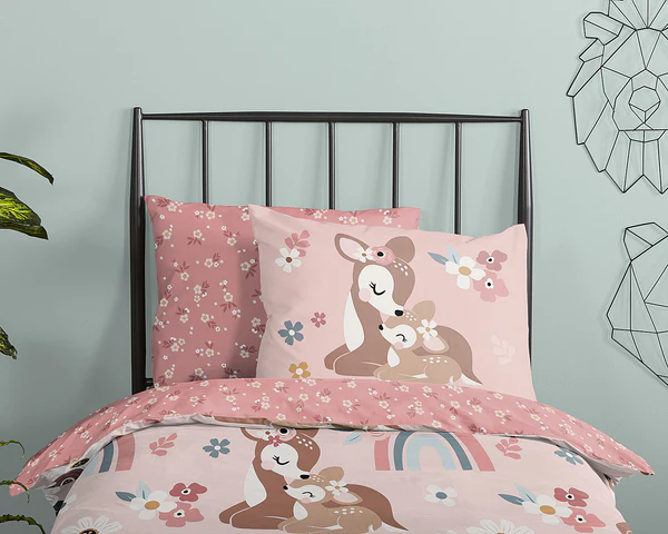 Kinderbettwäsche Rehkitz - Baumwolle - Pink - 140 x 200/220 cm + Kissen 70 x 60 cm - Image 3