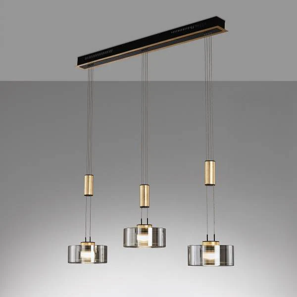 LED-Pendelleuchte Lavin - Eisen / Rauchglas - Schwarz / Gold - Flammenanzahl: 3