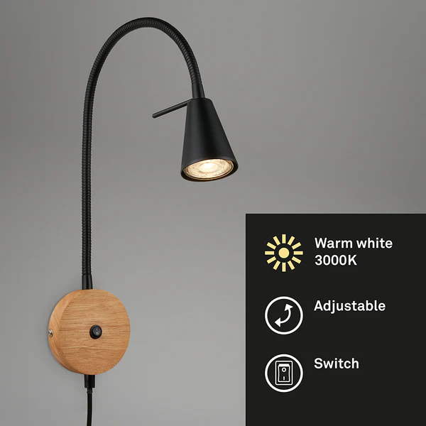LED-Wandleuchte Leiros - Aluminium / Eiche Massiv - Schwarz - Image 4