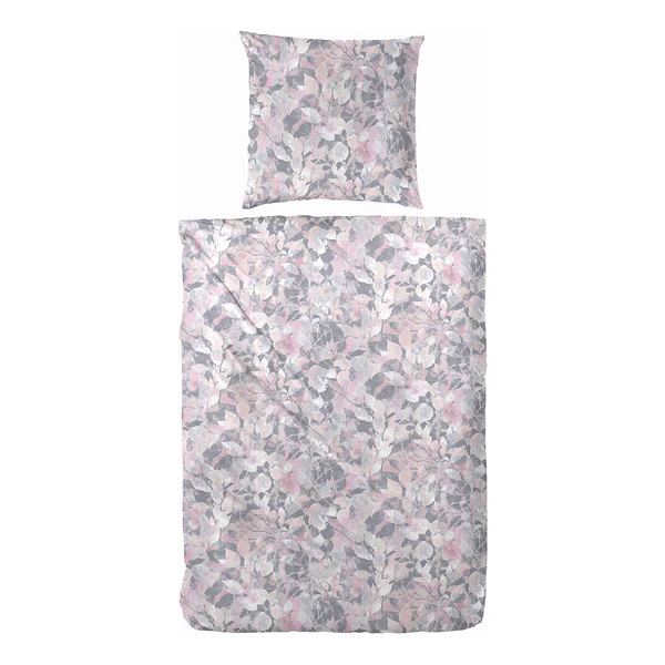 Mako-Satin-Bettwäsche Autumn Leave - Baumwolle - Grau / Rosa - 135 x 200 cm + Kissen 80 x 80 cm