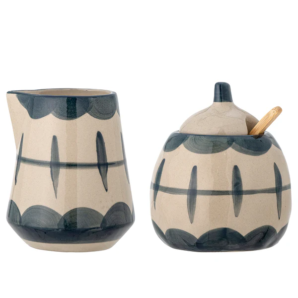 Milchkanne & Zuckerdose Allium 3-tlg. - Steingut - Blau / Beige