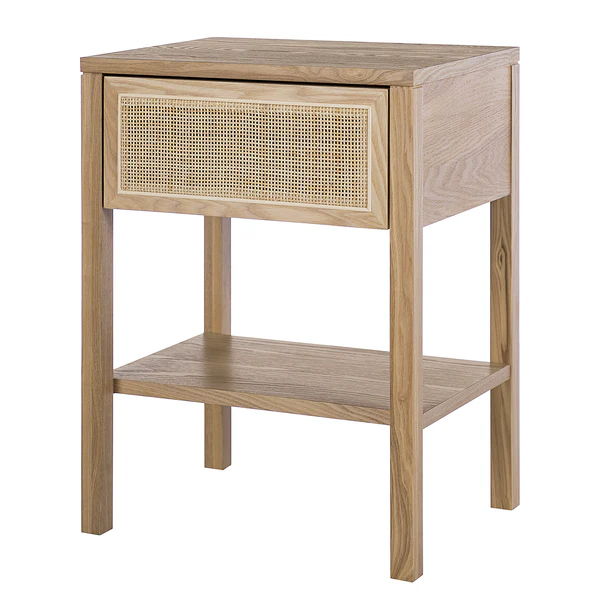 Nachttisch TAYLOR - Rattan / Eiche teilmassiv - Beige / Eiche