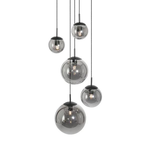Pendelleuchte Bollique 5-flammig - Rauchglas / Aluminium - Schwarz