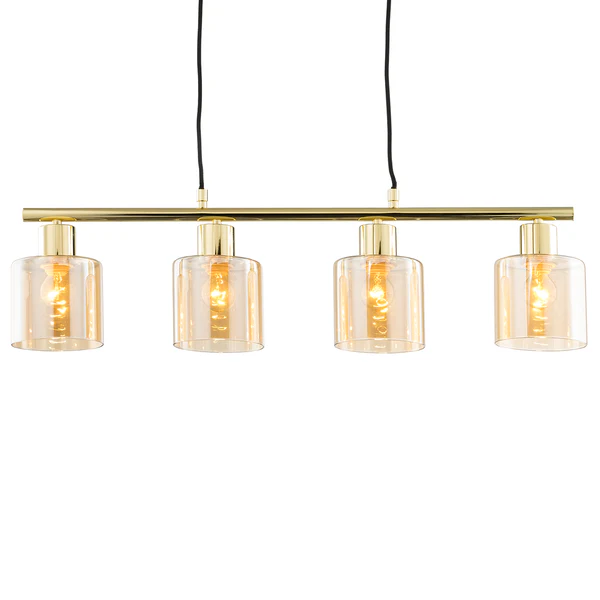 Pendelleuchte KOLIND 4-flammig - Metall Gold glänzend / Glas Bernsteinfarben