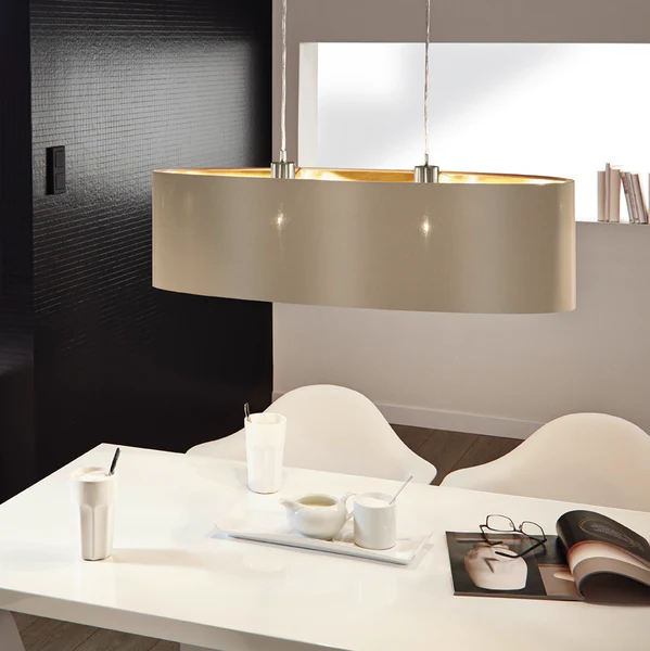 Pendelleuchte Maserlo III - Webstoff / Stahl - 2-flammig - Taupe / Gold - Breite: 78 cm - Image 2