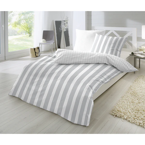 Perkal-Bettwäsche Smood flat stripe - Baumwollstoff - Kies - 155 x 220 cm + Kissen 80 x 80 cm - Image 2