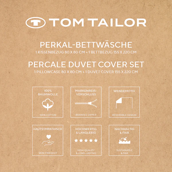 Perkal-Bettwäsche Tom Tailor - Baumwolle - Beige / Dunkelblau - 155 x 220 cm + Kissen 80 x 80 cm - Image 8