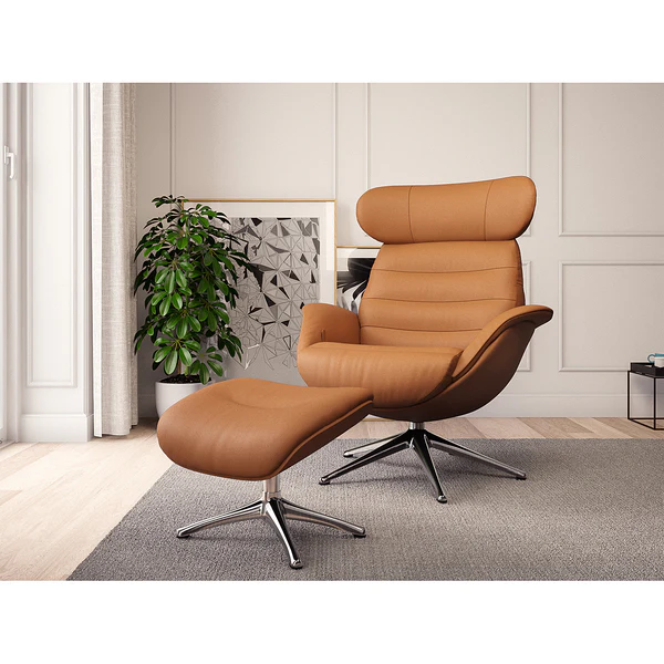 Polsterhocker LESO - Echtleder Danbi: Cognac - Chrom glänzend - Image 2