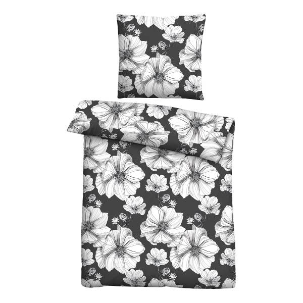 Renforcé Bettwäsche Blüten - Baumwolle - Schwarz - 135 x 200 cm + Kissen 80 x 80 cm