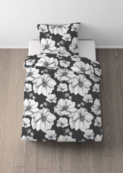 Renforcé Bettwäsche Blüten - Baumwolle - Schwarz - 135 x 200 cm + Kissen 80 x 80 cm - Image 2