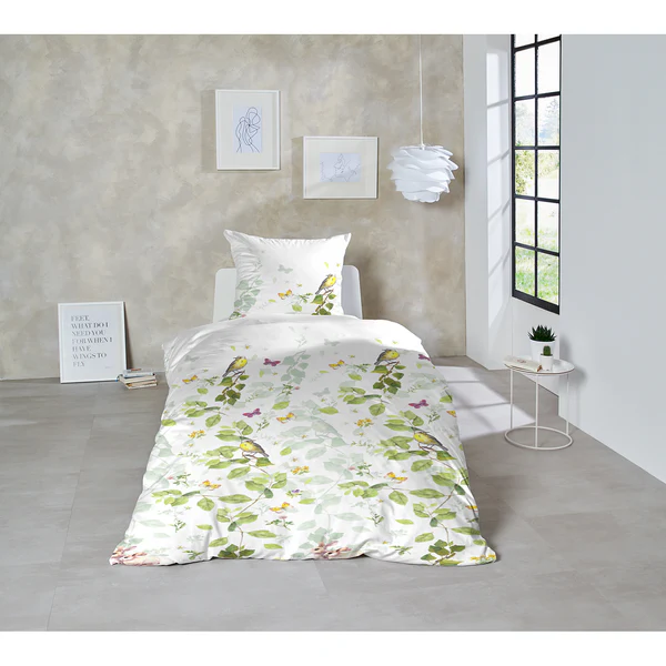 Satin-Bettwäsche Ajoux - Baumwollstoff - Weiß / Grün - 155 x 220 cm + Kissen 80 x 80 cm - Image 2