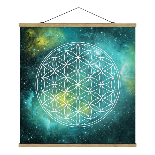 Stoffbild Blume des Lebens - Textil; Massivholz (Holzart) - Blau - 100cm x 100cm x 0,3cm - 100 x 100 cm