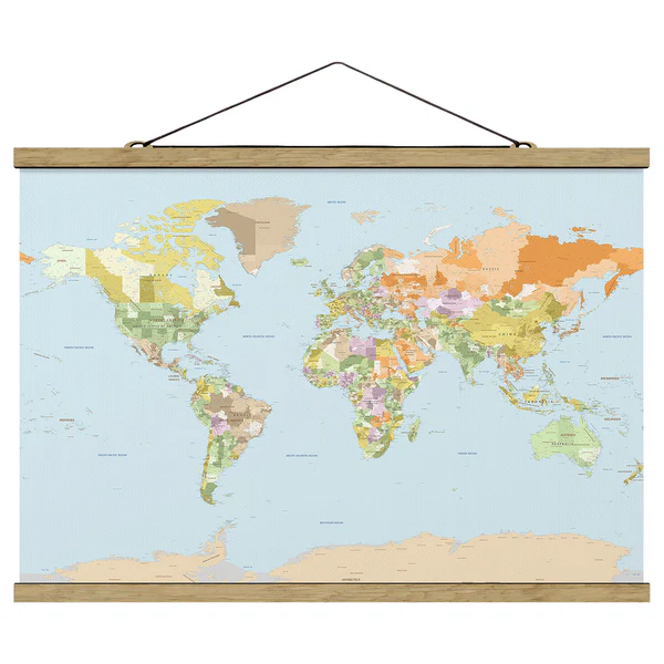 Stoffbild Politische Weltkarte II - Textil; Massivholz (Holzart) - Mehrfarbig - 50cm x 33,5cm x 0,3cm - 50 x 34 cm
