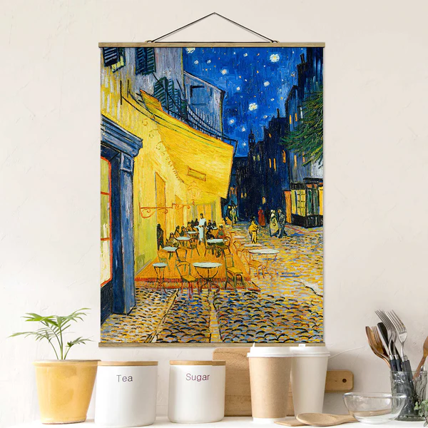 Stoffbild Terrasse in Arles - Textil; Massivholz (Holzart) - Gelb; Blau - 50cm x 66,4cm x 0,3cm - 50 x 66 cm - Image 2