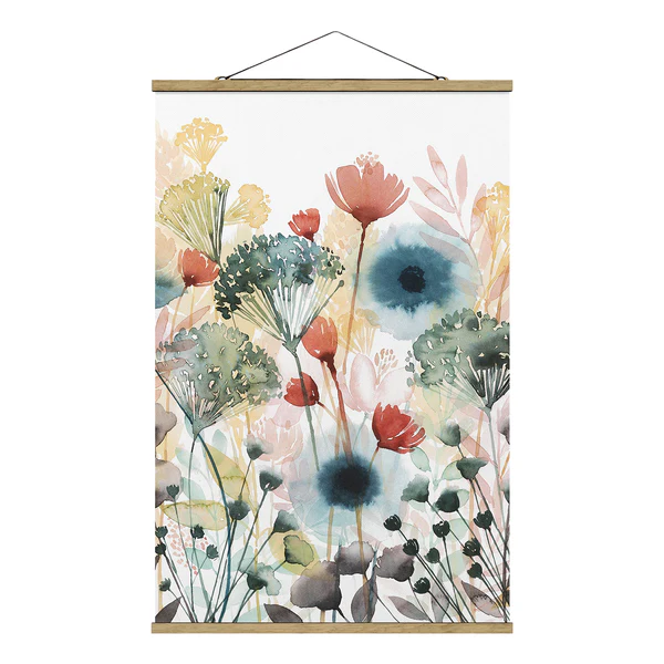 Stoffbild Wildblumen im Sommer I - Textil; Massivholz (Holzart) - Weiß - 100cm x 150cm x 0,3cm - 100 x 150 cm