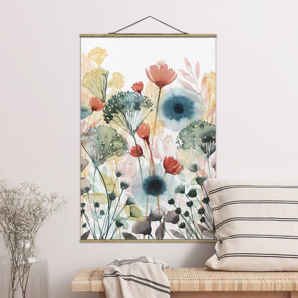 Stoffbild Wildblumen im Sommer I - Textil; Massivholz (Holzart) - Weiß - 100cm x 150cm x 0,3cm - 100 x 150 cm - Image 2