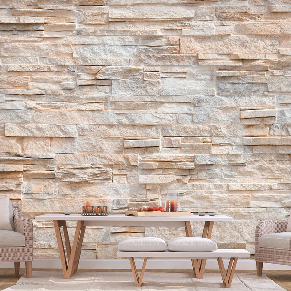 Vlies Fototapete Steinmauer - Premium Vlies - Beige - 300 x 210 cm - Image 2