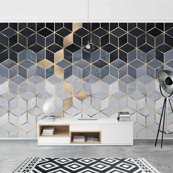 Vliestapete Goldene Geometrie - Vliespapier - Blau / Weiß - 432 x 290 cm - Image 4