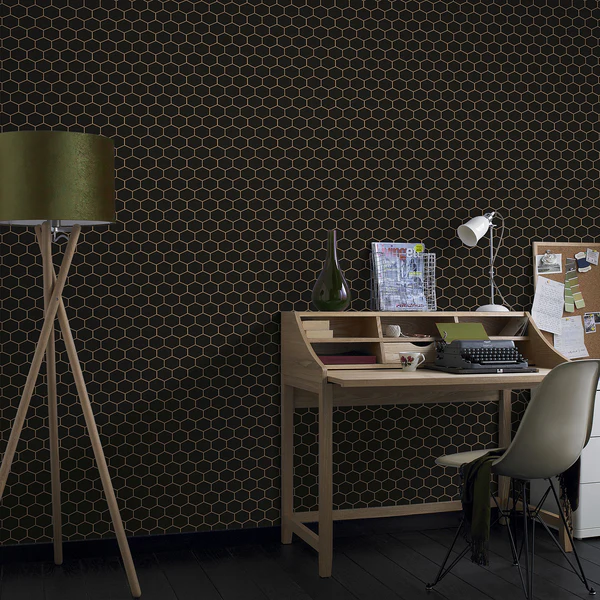 Vliestapete Hexagon Geo - Schwarz - 0,52m  x 10,05m  x 0,02m - Schwarz / Gold - Image 2