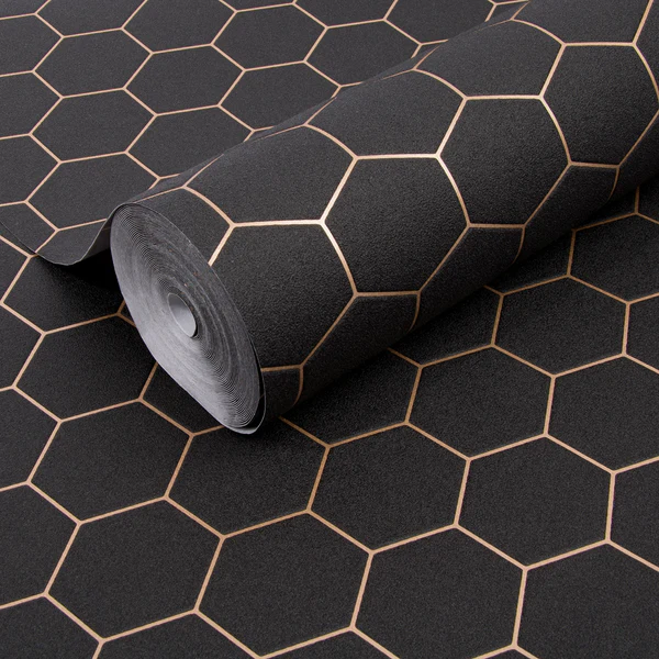 Vliestapete Hexagon Geo - Schwarz - 0,52m  x 10,05m  x 0,02m - Schwarz / Gold - Image 3