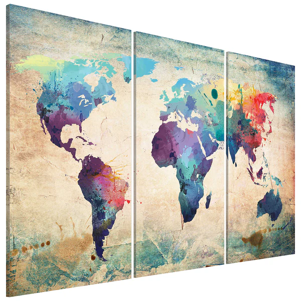 Wandbild Bunte Weltkarte Triptychon - Leinwand - Mehrfarbig - 90 x 60 cm